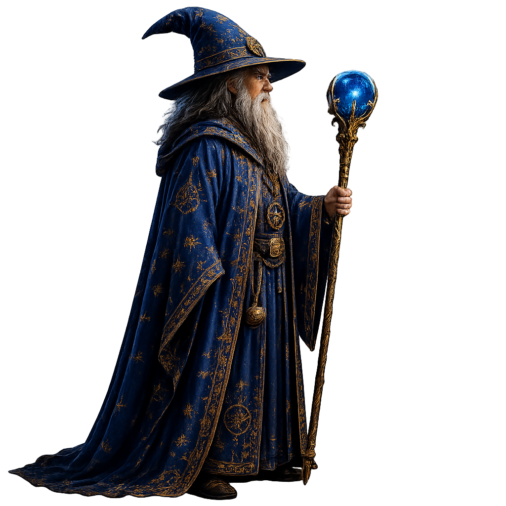 Blue wizard facing the castle Vault